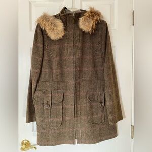 ✨ Anne Klein Herringbone Wool-Blend Coat w/ Fur-Trim Hood